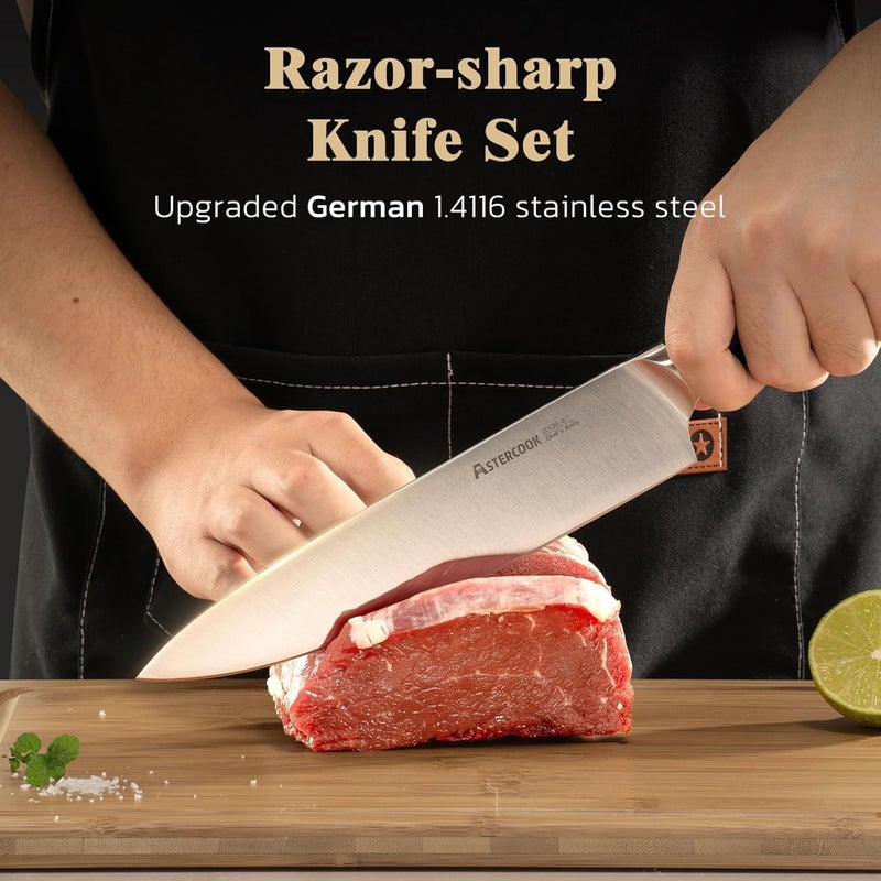 Astercook Knife Set, Kitchen Knives Set with Block and Sharpener Full Tang 17 Pcs German Stainless Steel Knives Sharp Blade Dishwasher Safe Premium Knife Set with Anti-slip Ergonomic Handle, Black - Image 5